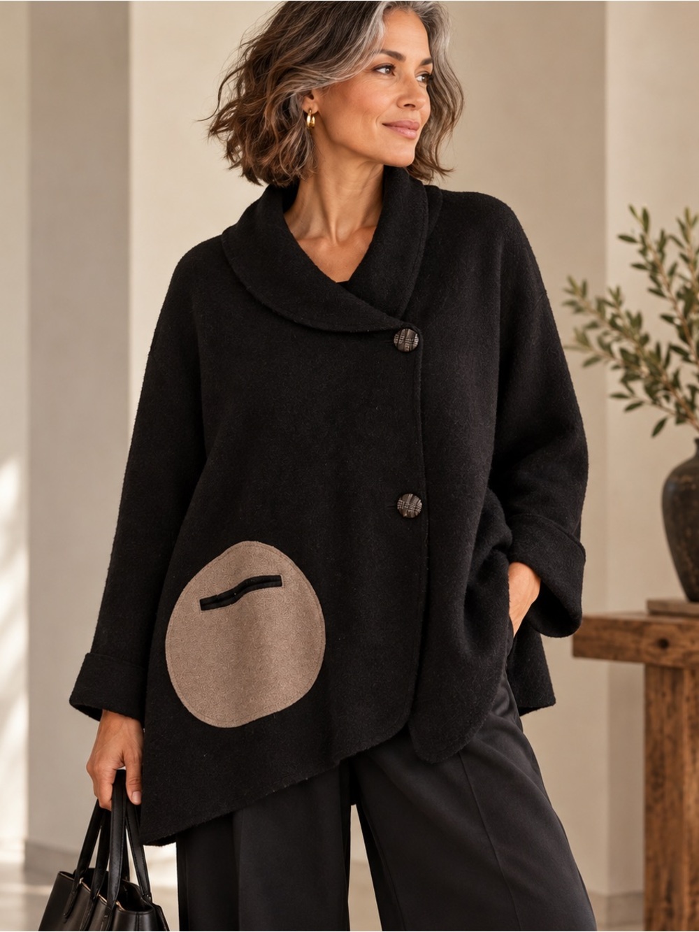 Alpaca Wool Lagenlook Asymmetrical Jacket XL Black Asymmetrical Artsy Boho